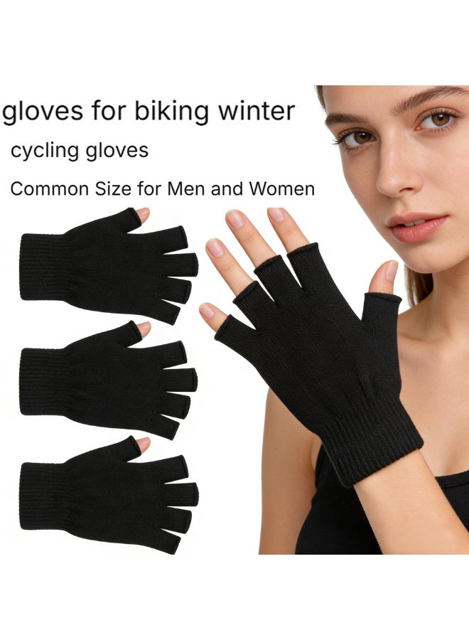 Fingerless Gloves Half Finger Winter Warm Knit Thermal Working Running Biking Driving Typing Men Women Black - Image 5
