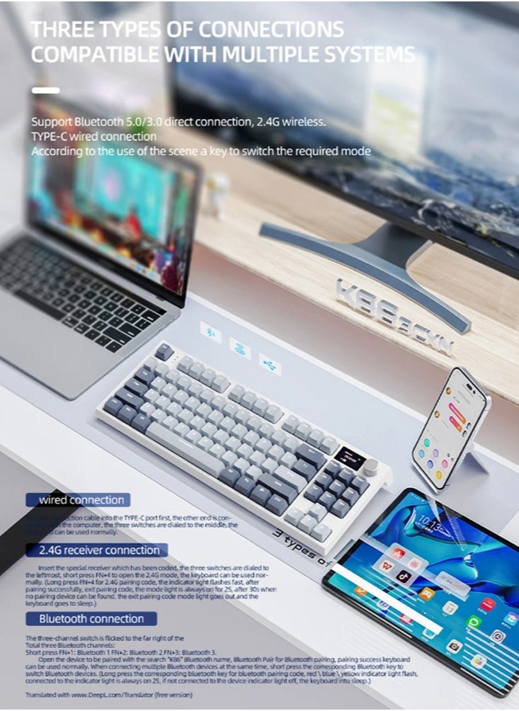 Attack Shark - K86 RGB Wireless Gasket Mechanical Keyboard,Triple Mode Bluetooth5.0/2.4G/USB-C 87 Keys Hot Swappable Gaming Keyboard, 4000 mAh Battery 1.2'' HD OLED Display Volume Rotary Button for Games and Work - Image 1
