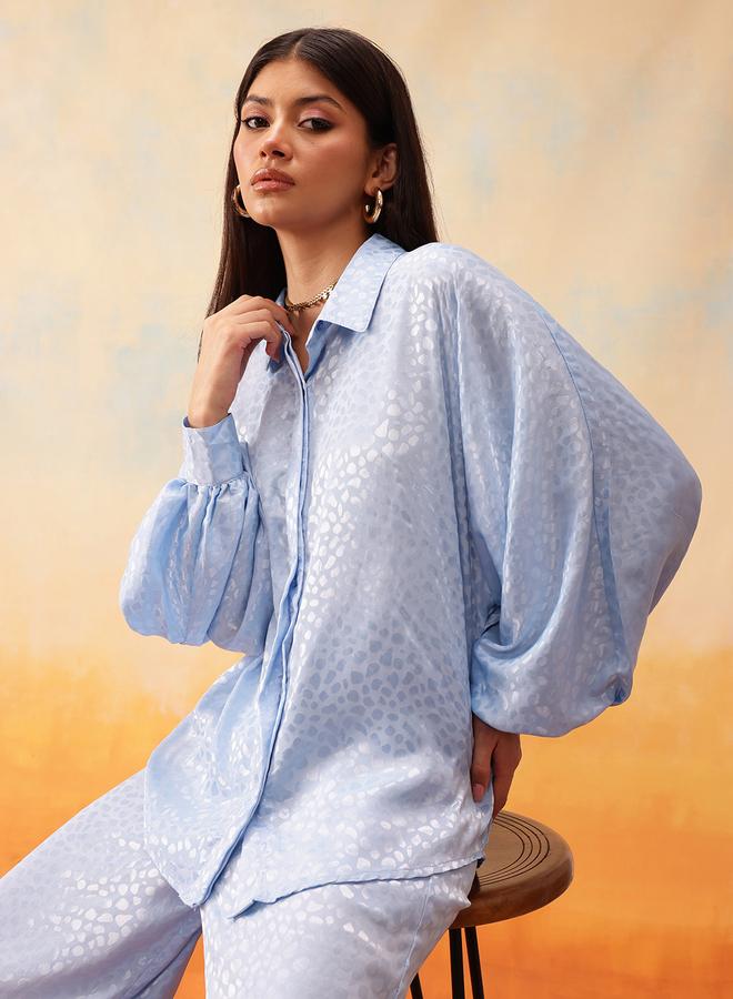 Indo Street Blue Self Design Volume Sleeves Shirt and Trousers Co-Ords - Image 1