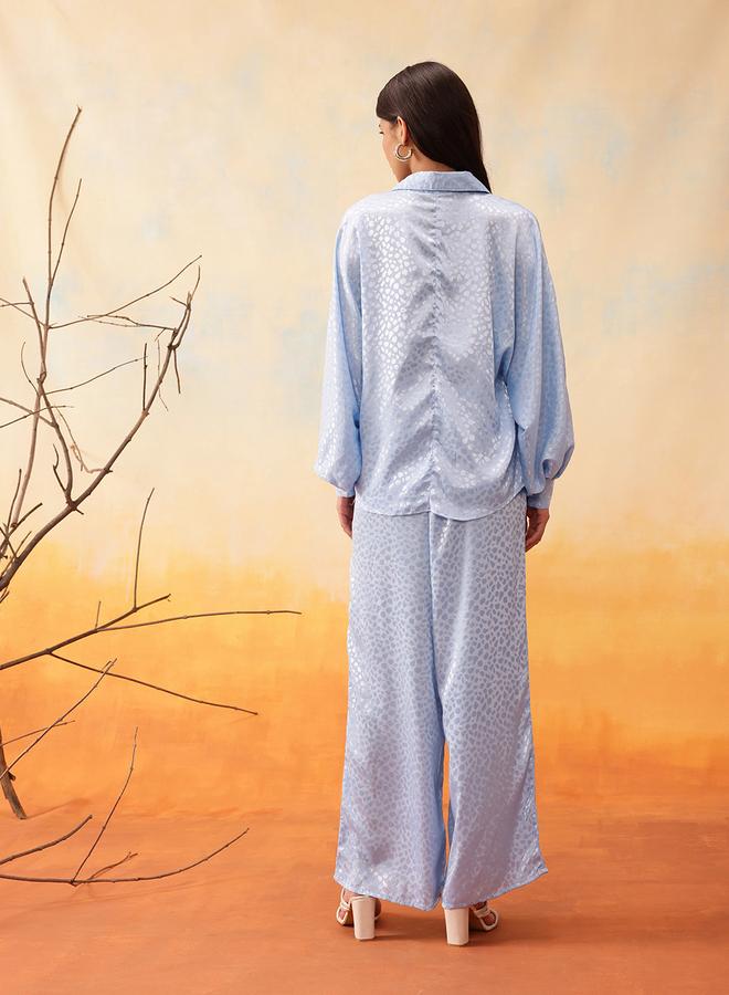 Indo Street Blue Self Design Volume Sleeves Shirt and Trousers Co-Ords - Image 5