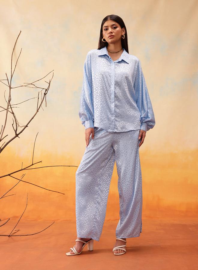Indo Street Blue Self Design Volume Sleeves Shirt and Trousers Co-Ords - Image 2