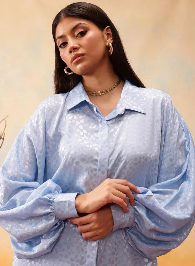STREET 9  Blue Self Design Volume Sleeves Shirt and Trousers Co-Ords for Women | Best Price UAE