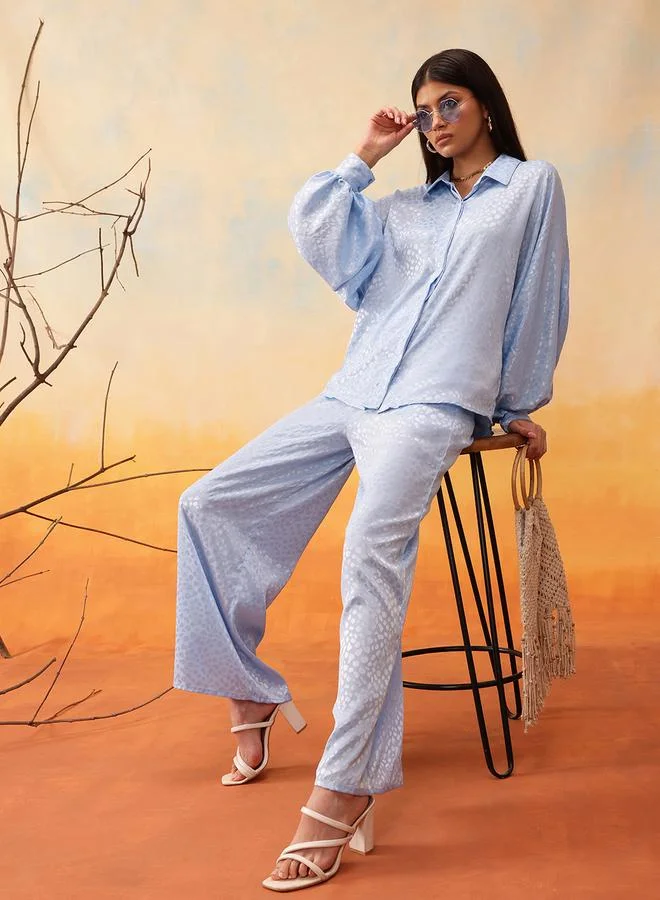 STREET 9  Blue Self Design Volume Sleeves Shirt and Trousers Co-Ords for Women | Best Price UAE