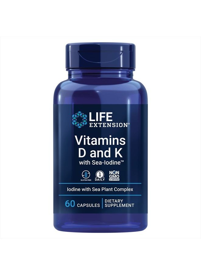 Life Extension فيتامينات د وك مع اليود البحري – دعم العظام والدماغ والغدة الدرقية والشرايين – غير معدلة وراثيًا، مرة واحدة يوميًا، خالية من الجلوتين – 60 كبسولة - Image 1