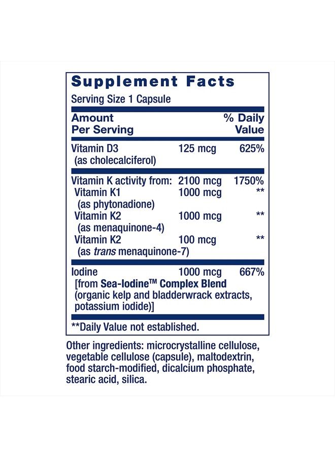 Life Extension فيتامينات د وك مع اليود البحري – دعم العظام والدماغ والغدة الدرقية والشرايين – غير معدلة وراثيًا، مرة واحدة يوميًا، خالية من الجلوتين – 60 كبسولة - Image 2