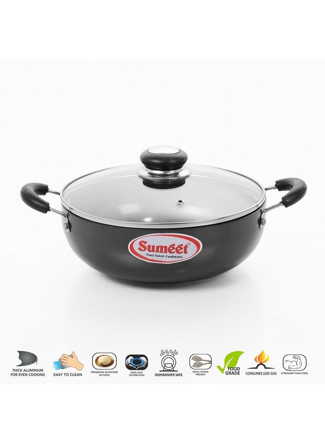 Sumeet سوميت مقلاة عميقة من الألمنيوم بسمك 3 مم مع غطاء زجاجي (قطر 17 سم، سعة 750 مل، حجم صغير رقم - 9، أسود) - Image 2