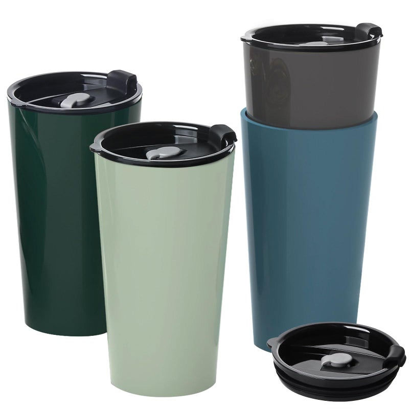 Greentainer 4 Pack Plastic Travel Coffee Mug Set, 20 oz Spill Proof Drinking Cups with Lids, Pobtable to Go Camping Coffee Tumbler Reusable Coffee Mugs with Lids, Dishwasher & Microwave Safe - Image 1