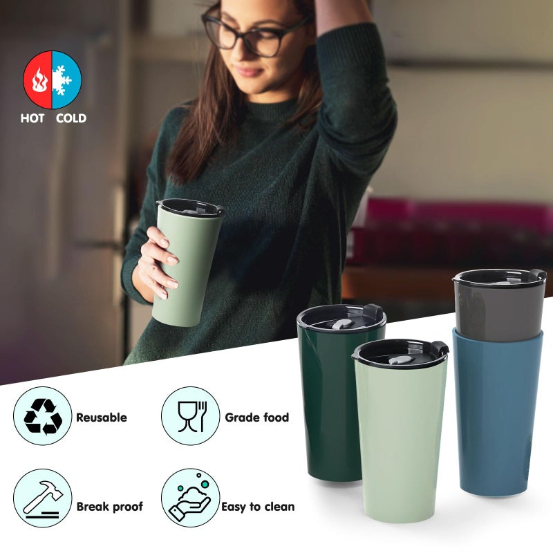 Greentainer 4 Pack Plastic Travel Coffee Mug Set, 20 oz Spill Proof Drinking Cups with Lids, Pobtable to Go Camping Coffee Tumbler Reusable Coffee Mugs with Lids, Dishwasher & Microwave Safe - Image 3