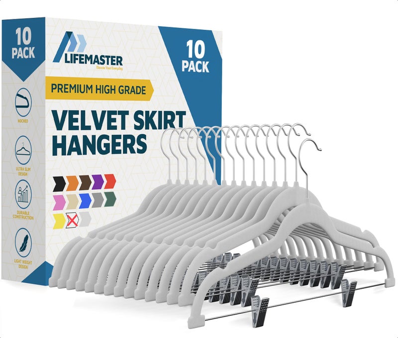 Lifemaster Velvet Skirt Hangers â€“ with Adjustable Clips, 360 Degree Swivel Hook, and Non-Slip Shoulder Notch, Holds Up to 10 lbs, for Organizing Skirt, Pants, Dress, and Clothes, Pack of 10, White - Image 1