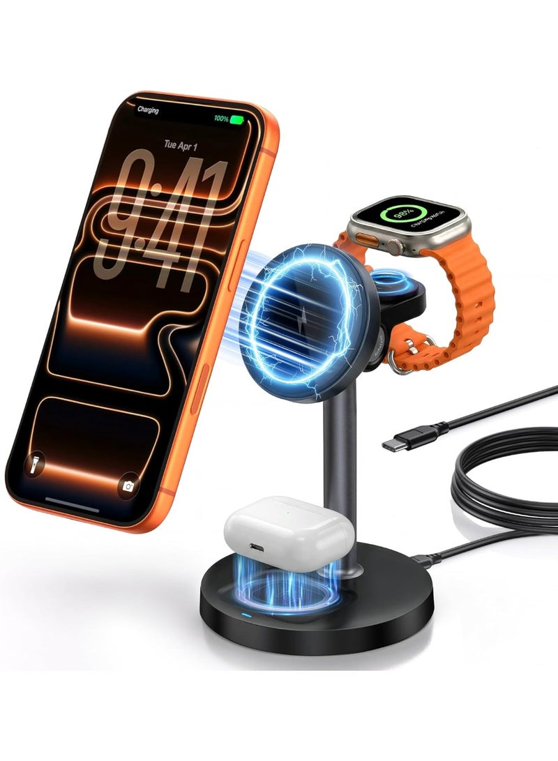 M.A&F's 3 in 1 Wireless Charger Station for Apple iPhone & Airpods & Watch with MagSafe Charger Stand, 15W Magnetic Fast Charging Stand, Wireless Charger Station for Samsung & iPhone 17 16 15 14 13 12 - Image 1