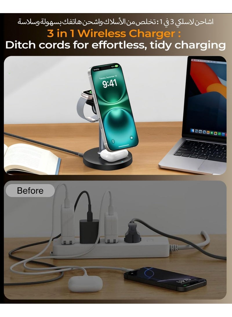 M.A&F's 3 in 1 Wireless Charger Station for Apple iPhone & Airpods & Watch with MagSafe Charger Stand, 15W Magnetic Fast Charging Stand, Wireless Charger Station for Samsung & iPhone 17 16 15 14 13 12 - Image 3
