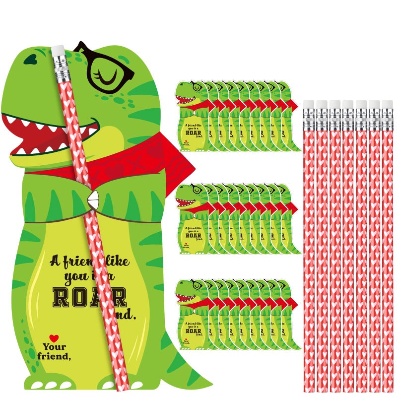 Dunzoom 36 Sets Dinosaur Valentines Day Cards Exchange Gifts for Kids Heart Pencils with Eraser Punny Dinosaur Valentines Day Cards Pencils for School Classroom Gifts Party Favors - Image 3