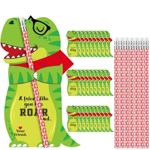 Dunzoom 36 Sets Dinosaur Valentines Day Cards Exchange Gifts for Kids Heart Pencils with Eraser Punny Dinosaur Valentines Day Cards Pencils for School Classroom Gifts Party Favors - Image 1