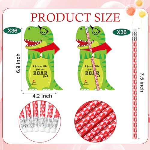 Dunzoom 36 Sets Dinosaur Valentines Day Cards Exchange Gifts for Kids Heart Pencils with Eraser Punny Dinosaur Valentines Day Cards Pencils for School Classroom Gifts Party Favors - Image 5