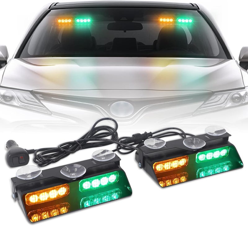 XRIDONSEN 2 in 1 Dash Emergency Strobe Lights Front/Rear Amber Green Windshield Lights Warning Safety Flashing w/Suction Cups for Volunteer Vehicles, Trucks（Amber/Green - Image 1