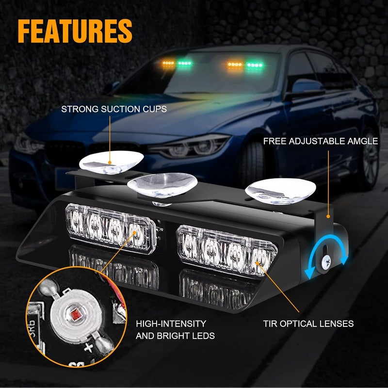 XRIDONSEN 2 in 1 Dash Emergency Strobe Lights Front/Rear Amber Green Windshield Lights Warning Safety Flashing w/Suction Cups for Volunteer Vehicles, Trucks（Amber/Green - Image 3