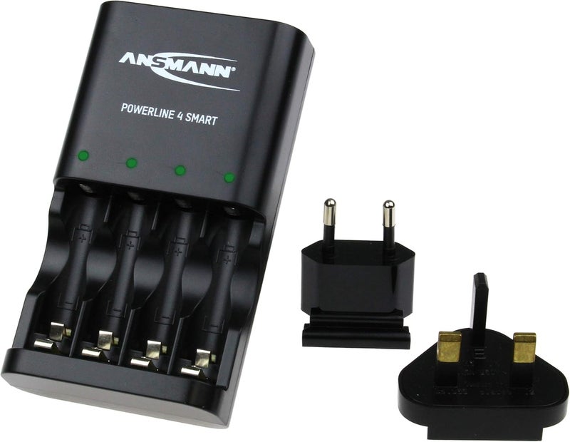 ANSMANN Powerline 4 Smart AA & AAA Battery Charger For NiMH NiCD Rechargeable Batteries with UK Plug and Multi LED Colour Display - Fast Individual Charging and Monitoring - 3 Yr Warranty - Image 1