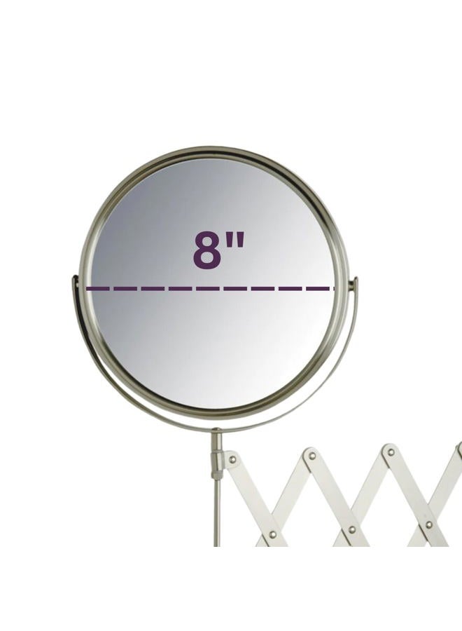 JERDON Two-Sided Wall-Mounted Makeup Mirror - Makeup Mirror with 7X Magnification & Extendable Arm - 8-inch Diameter Mirror with Nickel Finish Wall Mount - Model JP2027N - Image 2
