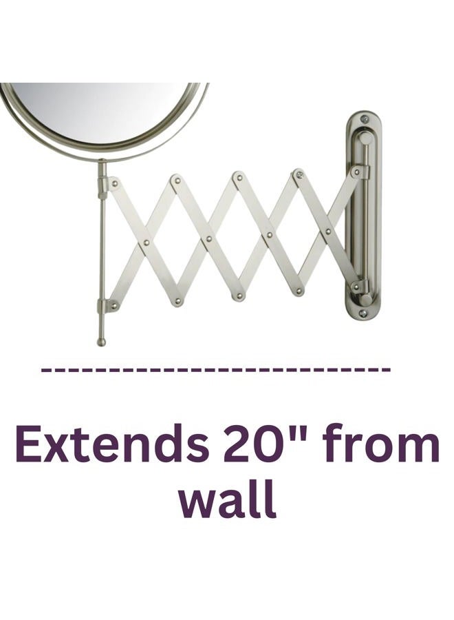 JERDON Two-Sided Wall-Mounted Makeup Mirror - Makeup Mirror with 7X Magnification & Extendable Arm - 8-inch Diameter Mirror with Nickel Finish Wall Mount - Model JP2027N - Image 4