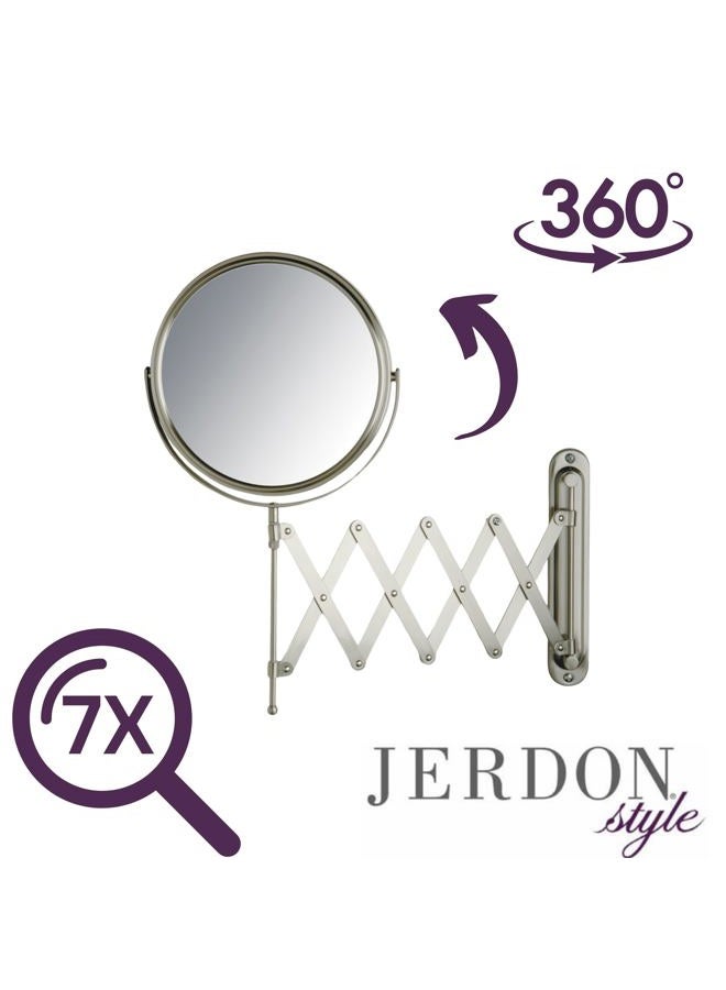 JERDON Two-Sided Wall-Mounted Makeup Mirror - Makeup Mirror with 7X Magnification & Extendable Arm - 8-inch Diameter Mirror with Nickel Finish Wall Mount - Model JP2027N - Image 3