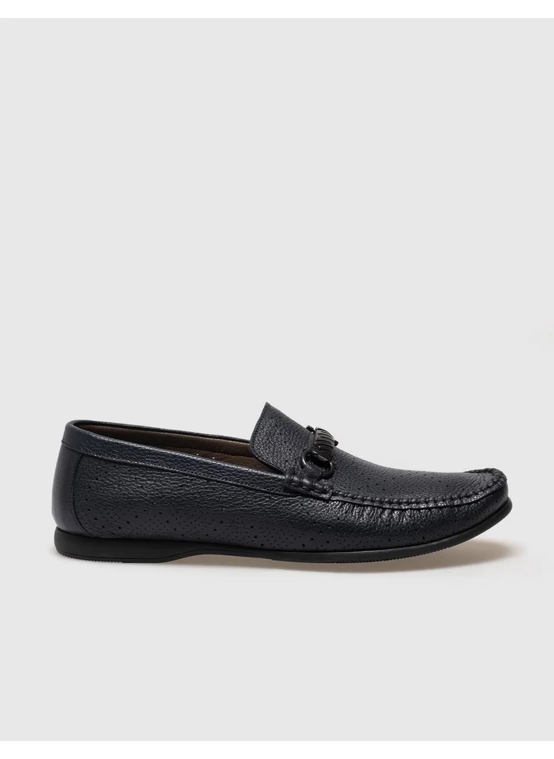 Cabani Genuine Leather Navy Blue Buckle Men's Loafer