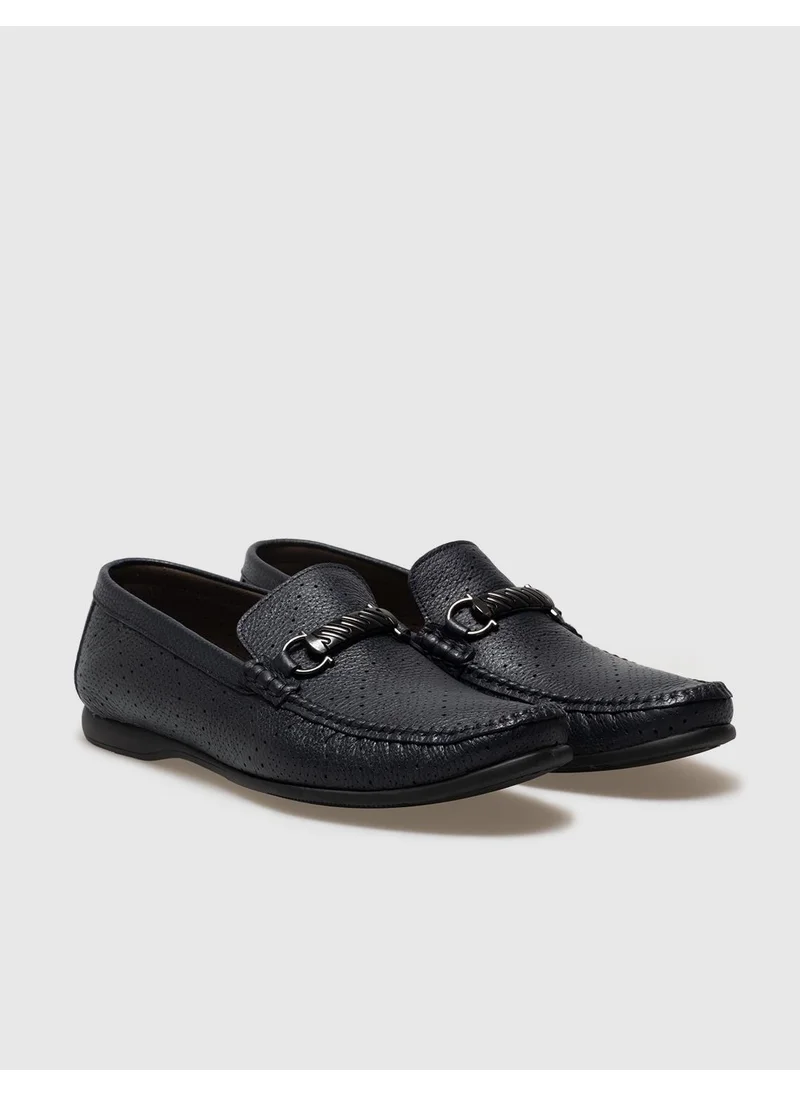 Cabani Genuine Leather Navy Blue Buckle Men's Loafer