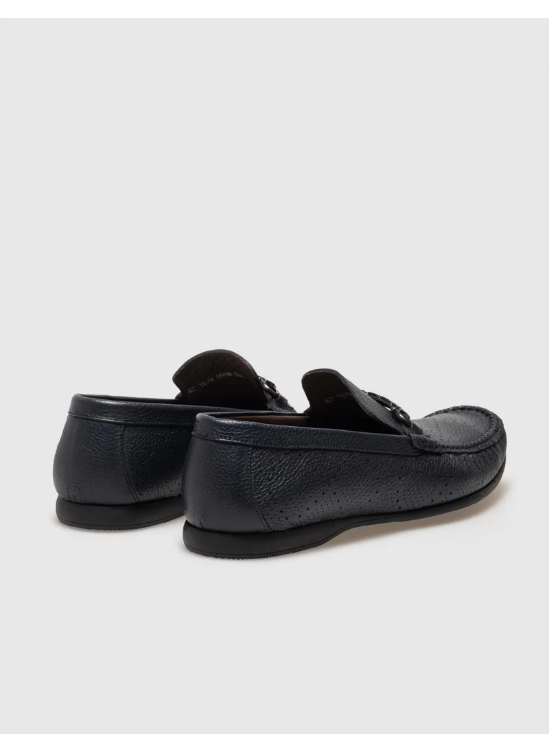 Cabani Genuine Leather Navy Blue Buckle Men's Loafer