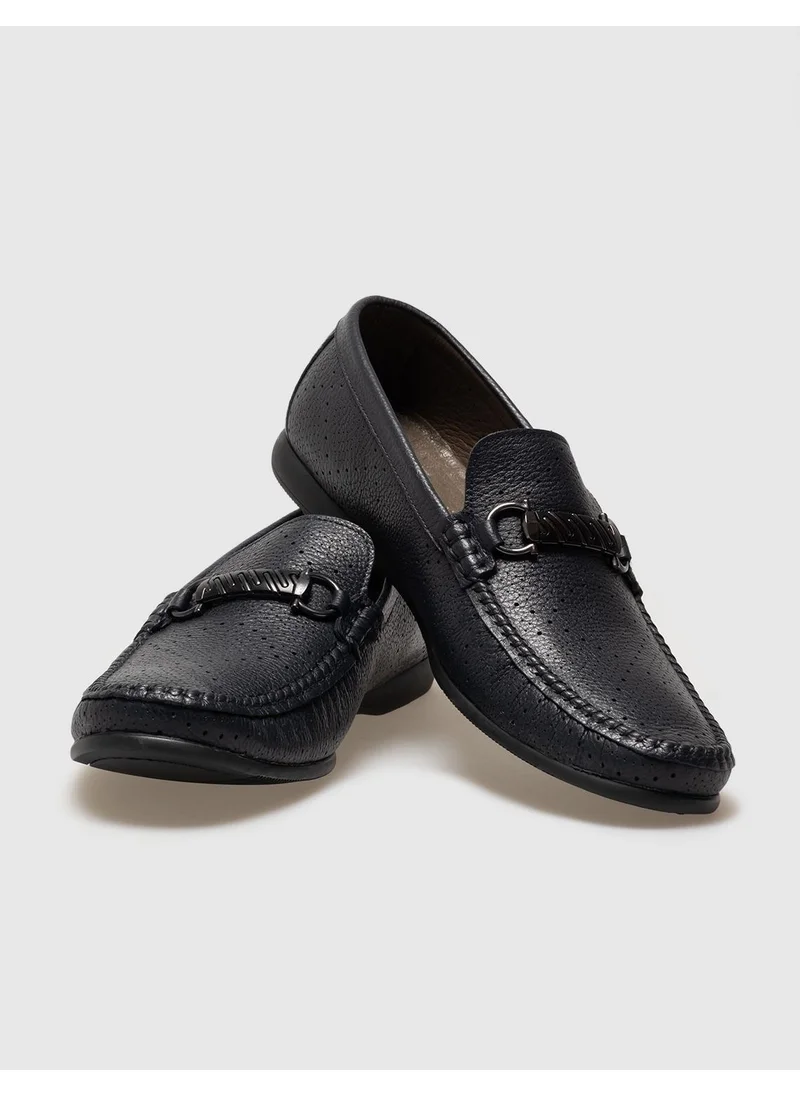 Cabani Genuine Leather Navy Blue Buckle Men's Loafer