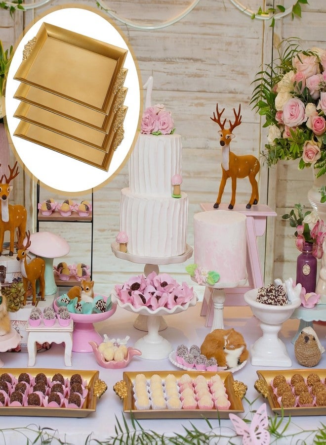 Teecyhooo 4 Pcs Gold Tray 14" x 10" Rectangle Decorative Plastic Serving Trays with Embossed Rims for Party Anniversary Wedding Bridal Shower, Baby Shower, Birthday, Cake Dessert Display - Image 4