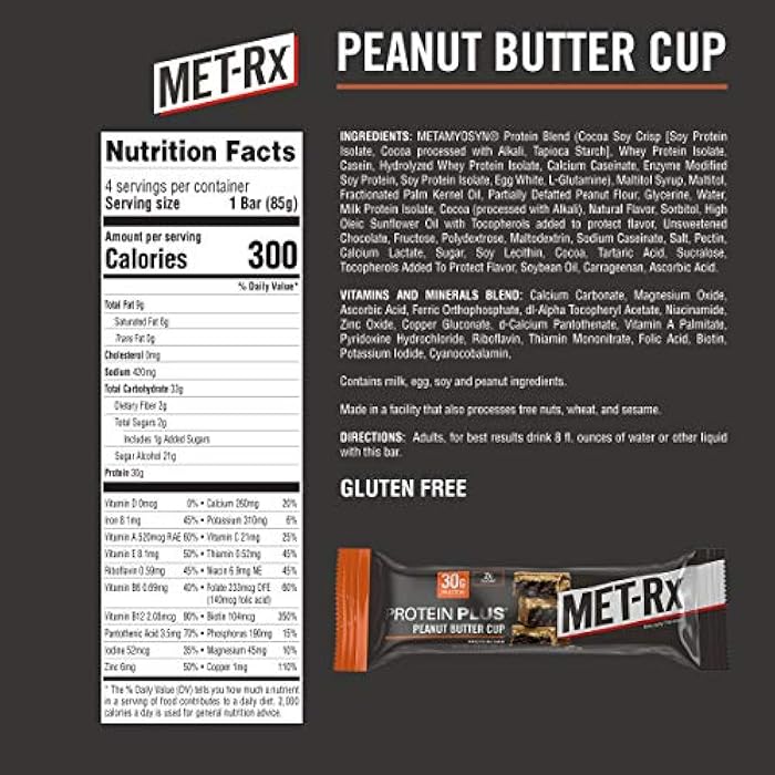MET-Rx Protein Plus Protein Bar, Peanut Butter Cup, 4 Count Value Pack, High Protein Bar with Vitamins to Support Energy Levels & Muscle Strength, Gluten Free - Image 2