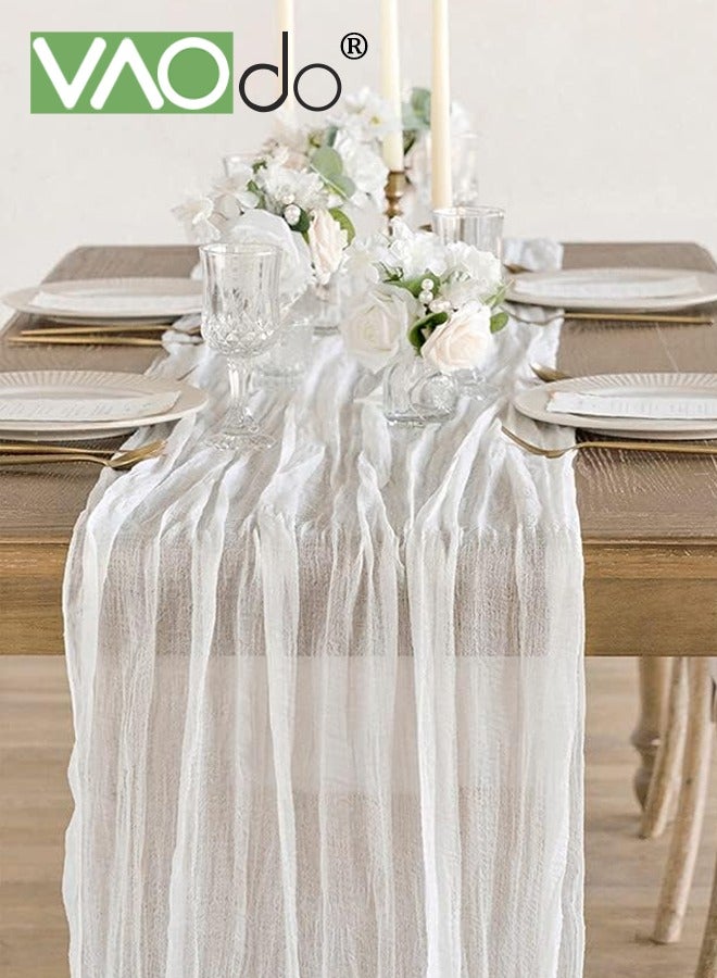 فاو دو مفرش مائدة بوهو طويل، مفرش مائدة شفاف من الشيسيان، مفرش مائدة ريفي لتزيين مائدة الأعياد والمناسبات والأعياد والميلاد أبيض 90*340 سم - Image 1