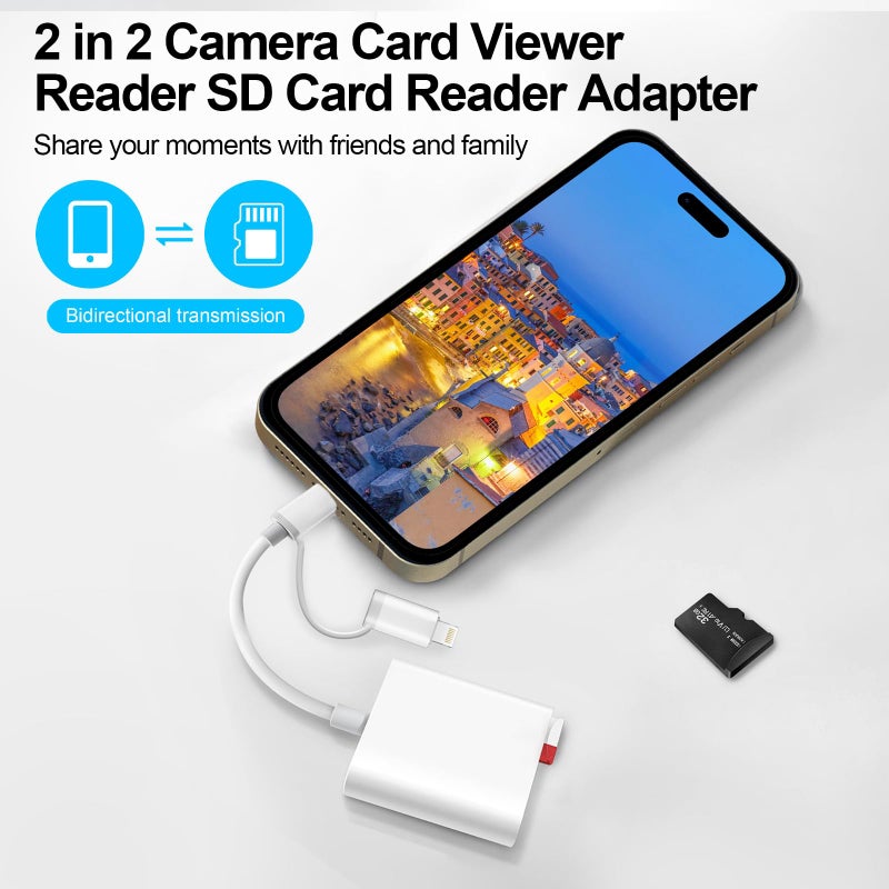 Denlane SD Card Reader for iPhone iPad Mac, USB C & Lightning Dual Connector Digital Camera Adapter to iPhone, SD Card Adapter Memory Card Reader for SD/TF/Sim Card, Plug & Play, Camera Accessories - Image 3