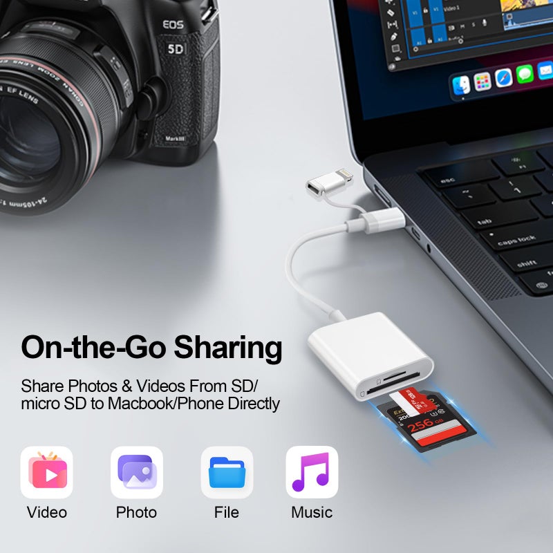 Denlane SD Card Reader for iPhone iPad Mac, USB C & Lightning Dual Connector Digital Camera Adapter to iPhone, SD Card Adapter Memory Card Reader for SD/TF/Sim Card, Plug & Play, Camera Accessories - Image 2