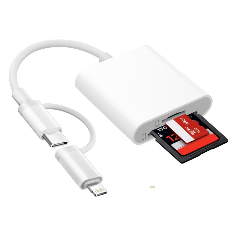 Denlane SD Card Reader for iPhone iPad Mac, USB C & Lightning Dual Connector Digital Camera Adapter to iPhone, SD Card Adapter Memory Card Reader for SD/TF/Sim Card, Plug & Play, Camera Accessories - Image 1