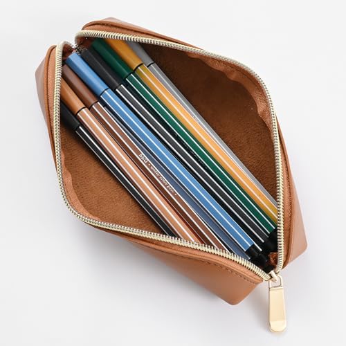 AROPANA Vegan Leather Pencil Case & Organizer | Portable Premium Zipper Pouch for School, Office & Travel | Multi-Use Storage for Stationery, Cosmetics & Makeup Brushes | 21 x 5 cm, Brown - Image 4