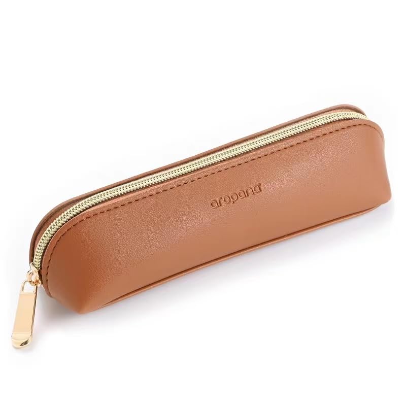 AROPANA Vegan Leather Pencil Case & Organizer | Portable Premium Zipper Pouch for School, Office & Travel | Multi-Use Storage for Stationery, Cosmetics & Makeup Brushes | 21 x 5 cm, Brown - Image 1