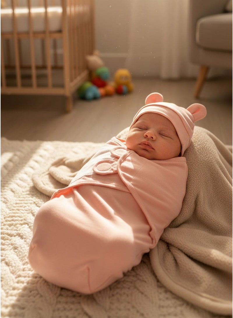 Newborn Baby Swaddle Wrap & Hat Set, Soft Cotton Anti-Kick Sleeping Bag & Receiving Blanket, Hospital Delivery Room Essential – Pink, 2-Piece - Image 1