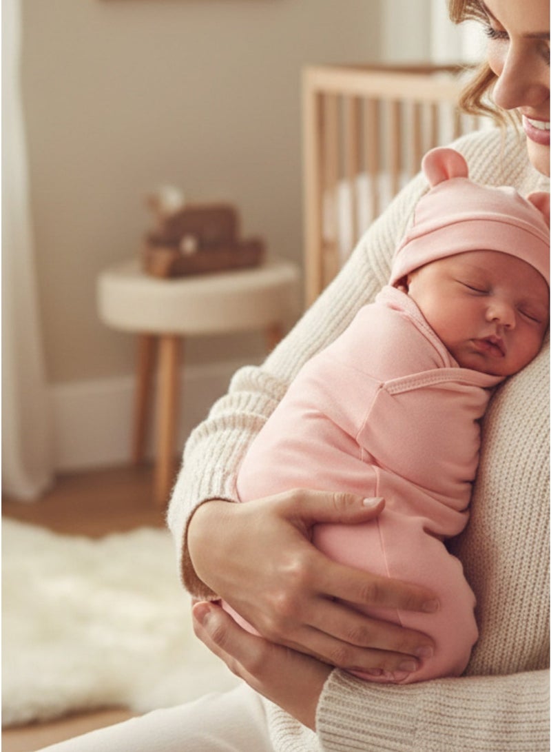 Newborn Baby Swaddle Wrap & Hat Set, Soft Cotton Anti-Kick Sleeping Bag & Receiving Blanket, Hospital Delivery Room Essential – Pink, 2-Piece - Image 4