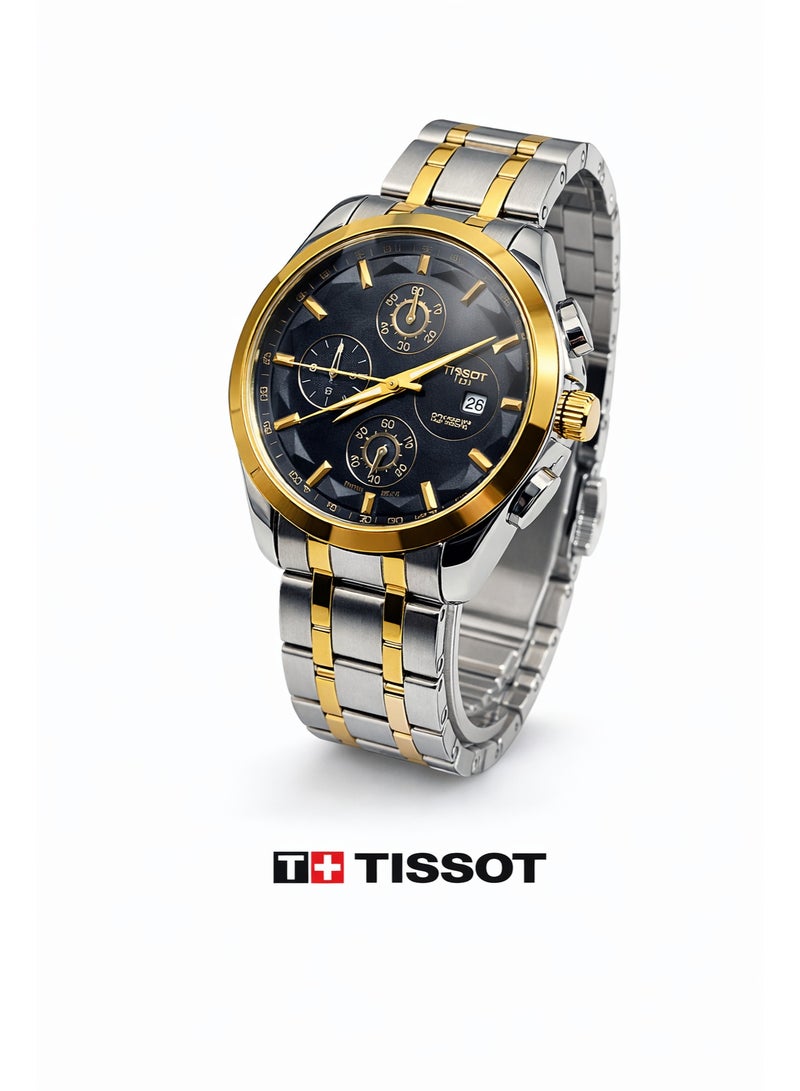 تيسو ساعة رجالي كرونوغراف من تيسو ستانلس ستيل ثنائي اللون (فضي × ذهبي) – ميناء أسود