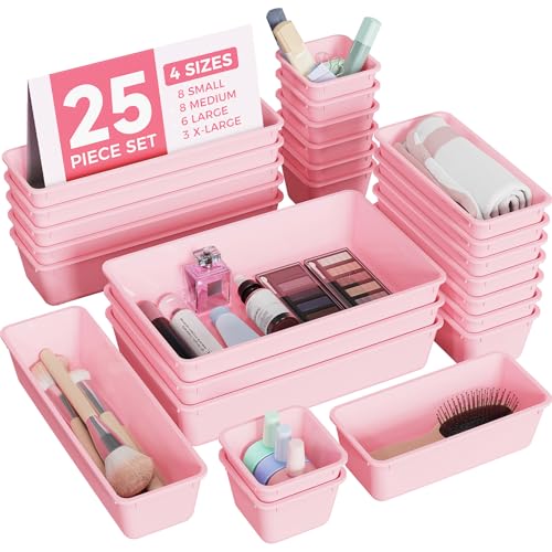 BiuLeon 25 PCS Plastic Drawer Organizers Set 4Sizes Vanity and Makeup Organizer Desk and bathroom Drawer Organizer Trays Organizers and Storage for Makeup Jewelry Gadgets Utensils Pink - Image 1
