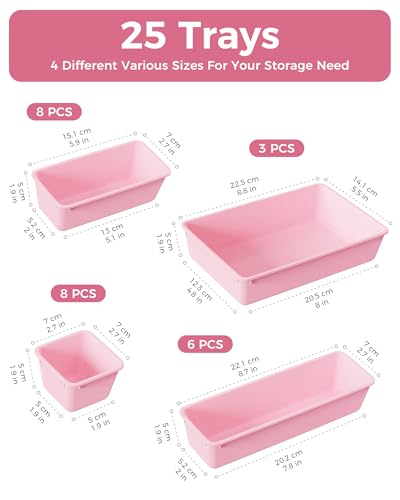 BiuLeon 25 PCS Plastic Drawer Organizers Set 4Sizes Vanity and Makeup Organizer Desk and bathroom Drawer Organizer Trays Organizers and Storage for Makeup Jewelry Gadgets Utensils Pink - Image 3