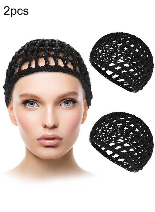 Happy D Hair Net Wrap 2 PCS Elastic Sleep Nets Hairnet Knit Sleeping Cover Breathable Crochet Head Cap Stretchy Mesh Bandana Anti Frizz Shower Bathing Hats Press Absorption Curly Straight Hair (Black/Black) - Image 1