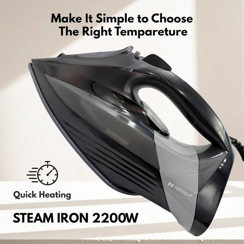 nimron Steam Iron 2200W with Ceramic Non-Stick Soleplate, Fast Heating Clothes Iron, Adjustable Temperature Control, Powerful Steam Burst, Ergonomic Grip, Anti-Drip Dry & Steam Iron - Image 2