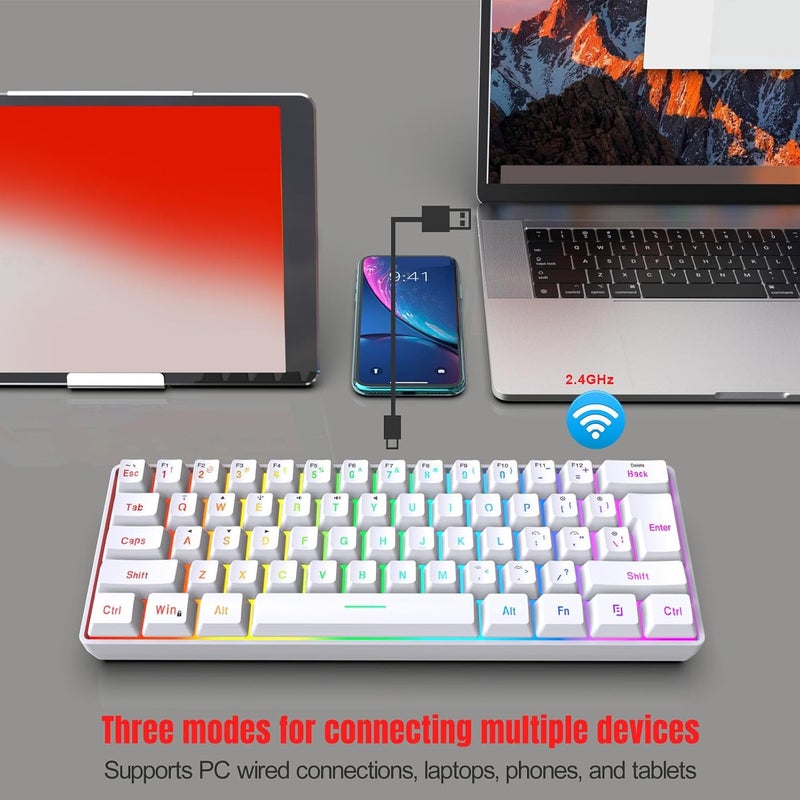 Gaming Keyboard 60 Percent, Small Gaming Keyboard 3 Mode Keyboard Silent 61 Keys 2.4G Teclado Wireless Wired RGB Backlight Keyboard for Laptop Phone Tablet (White) - Image 4