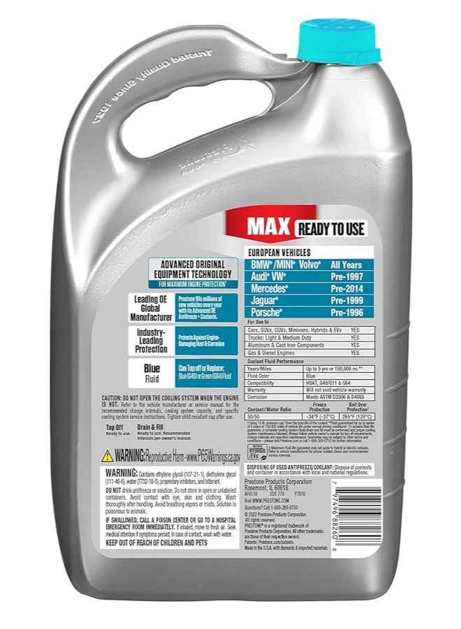 Prestone Max Coolant for European Vehicles – Compatible with BMW, Mercedes, Volvo, Audi, VW & Jaguar – Ready to Use, 5 Years / 150,000 Miles Protection  – Original Made in USA - Image 2