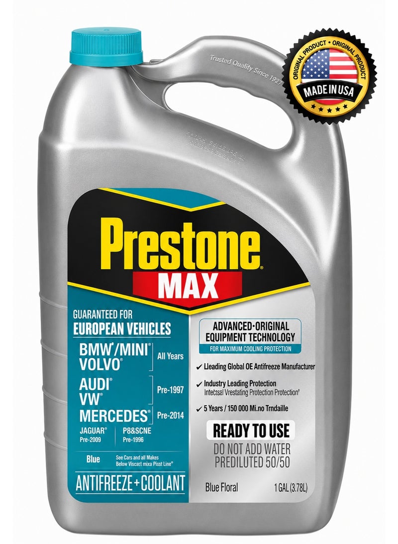 Prestone Max Coolant for European Vehicles – Compatible with BMW, Mercedes, Volvo, Audi, VW & Jaguar – Ready to Use, 5 Years / 150,000 Miles Protection  – Original Made in USA - Image 1
