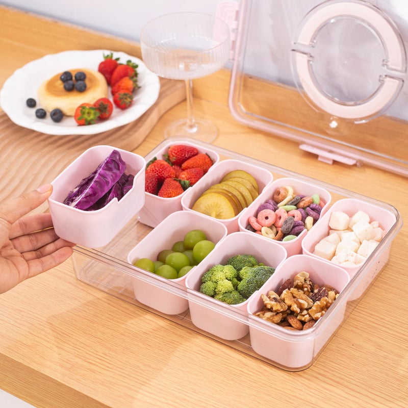 WACOI Divided Snack Serving Tray with Lid and Handle Travel Snackle Charcuterie Container Portable Storage Organizer for Candy, Fruits, Nuts, Snacks, Party, Picnic (1pack, Pink) - Image 3