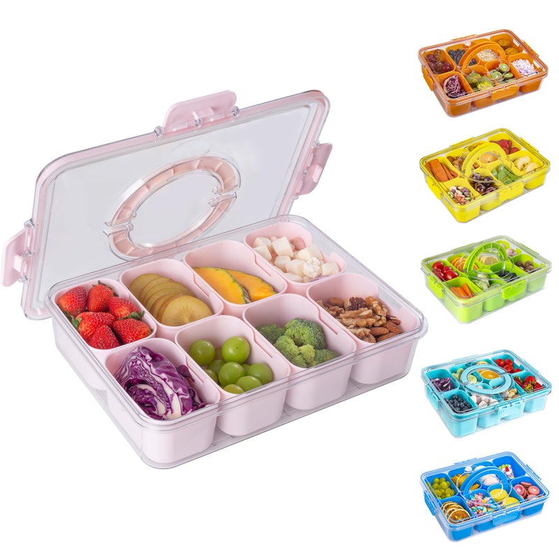 WACOI Divided Snack Serving Tray with Lid and Handle Travel Snackle Charcuterie Container Portable Storage Organizer for Candy, Fruits, Nuts, Snacks, Party, Picnic (1pack, Pink) - Image 1