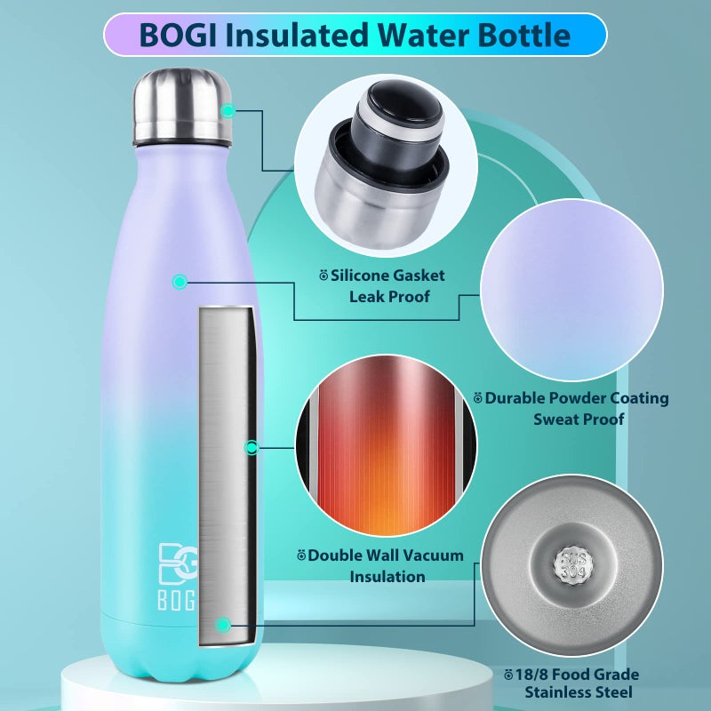 BOGI Insulated Water Bottle  25oz 2 Pack Stainless Steel Water Bottles  Leak Proof Sports Metal Water Bottles Keep Drink Cold for 24 Hours and Hot for 12 Hours BPA Free kids water bottle for School - Image 3