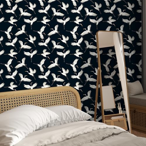 VaryFloral 24x118 Crane Black Wallpaper Peel and Stick Removable Flying Birds Japanese Wallpaper for Bedroom Living Room Self Adhesive Decorative White Crane Contact Paper for Cabinet - Image 3